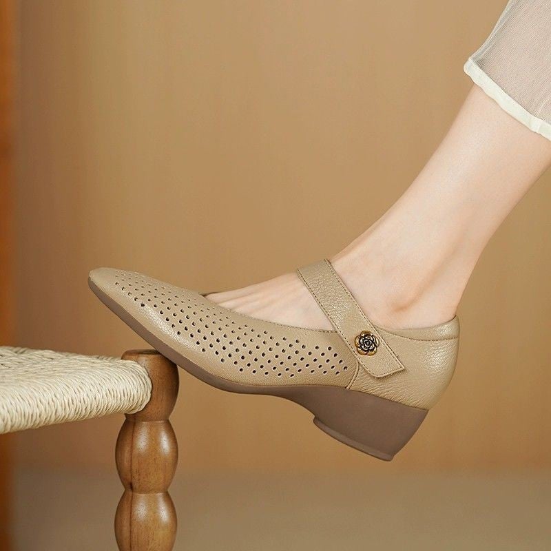 French-Style Wedge Flat Leather Shoes With Cutouts, Breathable Perforated Loafers, Commuting Shoes, New Summer 2025 Single Shoes - Image 3